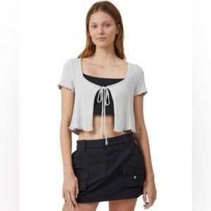Cotton On Light Grey Ribbed Front Tie Crop Top Sz L